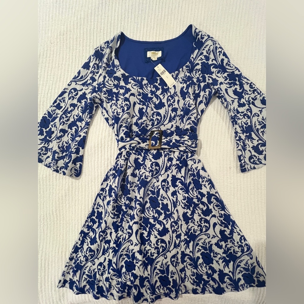 Maeve Anthropologie Bell Sleeve Belted Mini Dress Blue White Size S Retro NWT